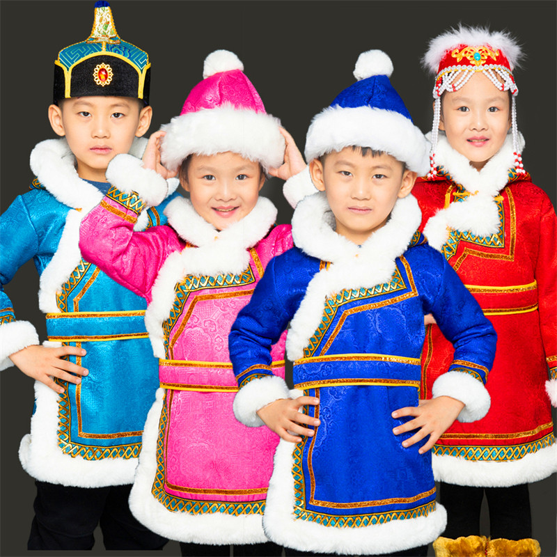 秋冬儿童蒙古袍加绒棉衣袄带帽保暖男女同款宝蓝色日常民族风服装