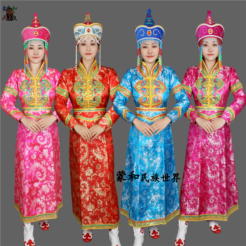 女士蒙古袍长款传统蒙古族舞蹈演出服蒙族缎面服饰日常女蒙古服装