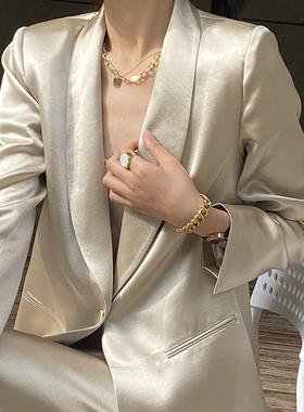 MASA2021年秋季新款重磅进口三醋酸香槟色通勤修身长袖西装外套女