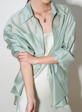 2024天丝薄荷绿防晒衬衫女夏薄款雪纺衬衣慵懒风开衫上衣