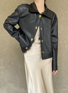 MASA法式小金扣翻领皮衣外套短设计感小众2022秋休闲酷飒机车外套