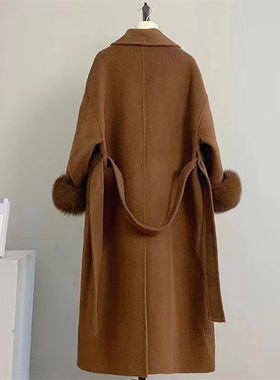 2024秋冬新款袖口狐狸毛长款赫本风 羊毛双面呢羊绒大衣外套时尚