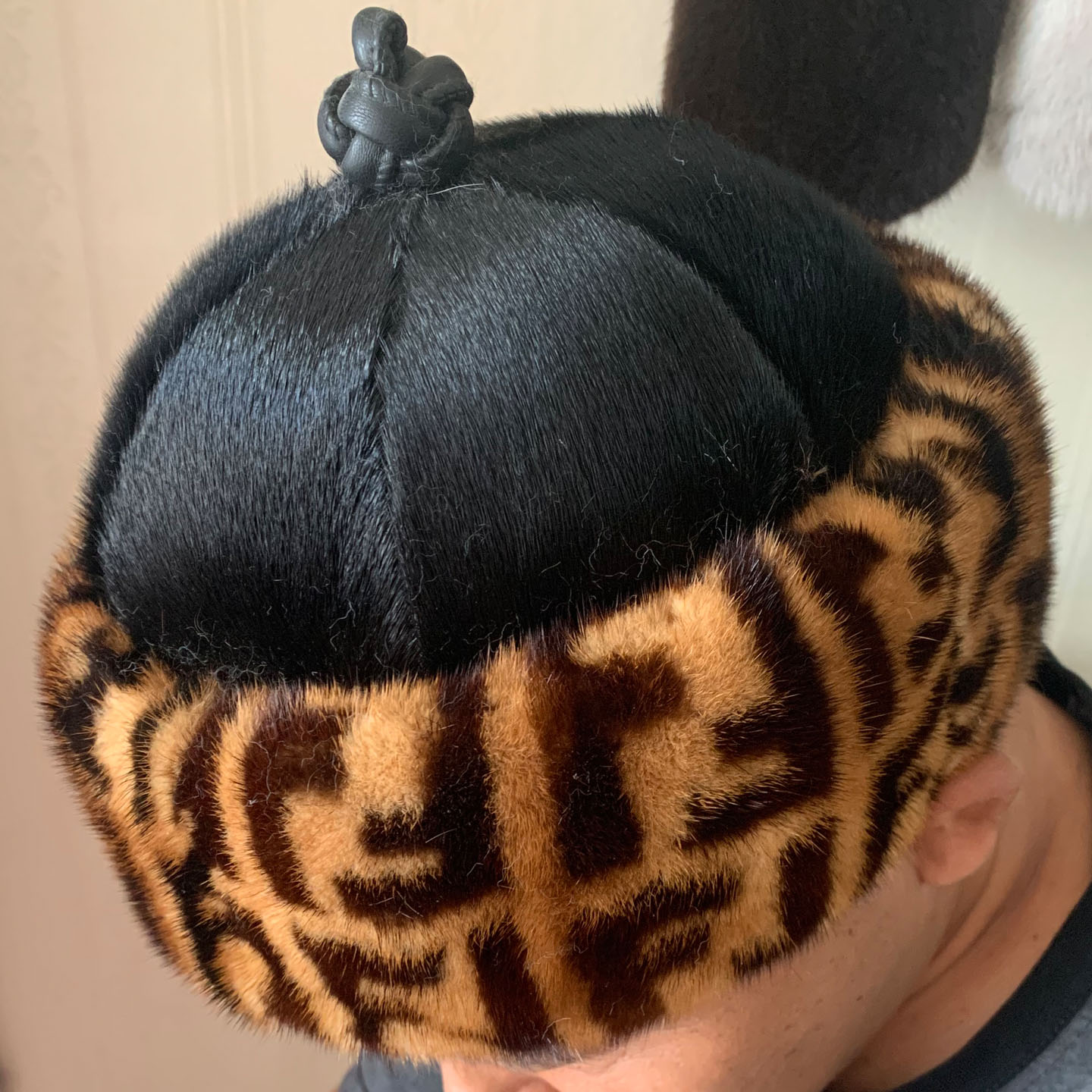 海豹纹毛绒蒙古帽秋冬保暖水貂皮