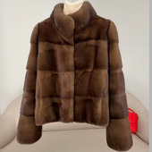 时尚 咖啡水貂皮毛皮草女横排立领新款 2023年冬季 流行进口短二外套