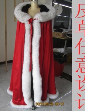 獭兔皮披风到脚狐狸走边连帽红色红楼梦古装定做演出汉服斗篷皮草