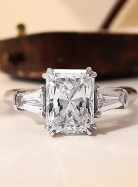 S925莫桑石戒指公主方长方形3克钻戒粉色女款可爱时尚镀银食指戒