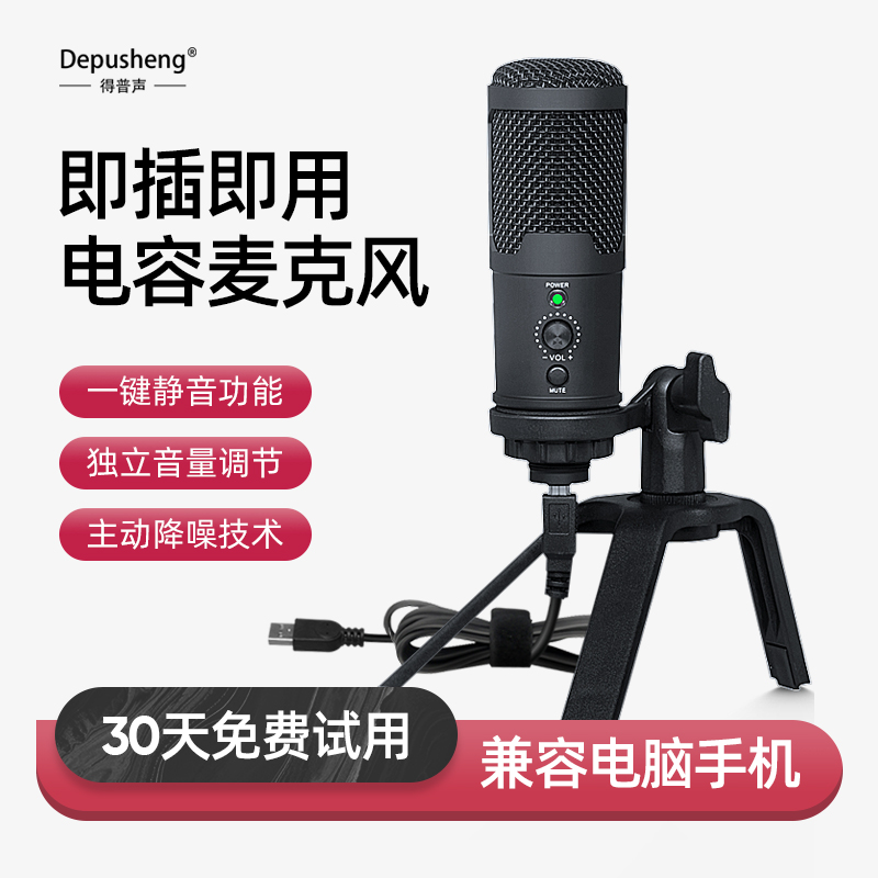 得普声A12 电脑麦克风电容麦话筒手机直播录音配音设备收音台式机