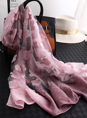 2025丝巾女春秋韩版清新花朵夏防晒纱巾长款渐变isn围巾两用披肩