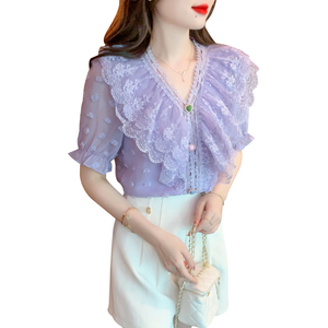 RM19200#夏季新款荷叶边蕾丝衫显瘦遮肉v领上衣超仙蕾丝花边上衣小衫