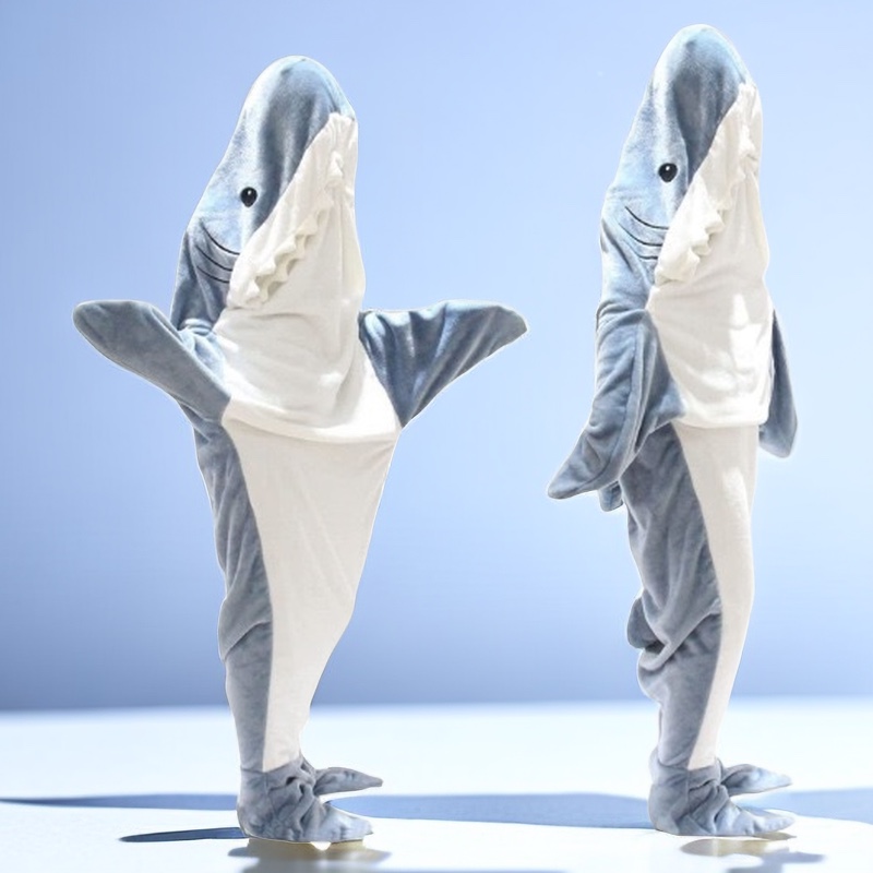 连帽法兰绒鲨鱼秋冬季连体保暖家居儿童成人搞怪睡衣袋毛毯防踢被