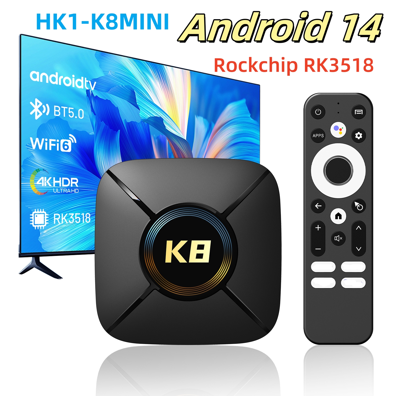 ATV外贸盒子HK1 K8mini安卓14电视机顶盒4K无线双频WIFI6蓝牙5.0