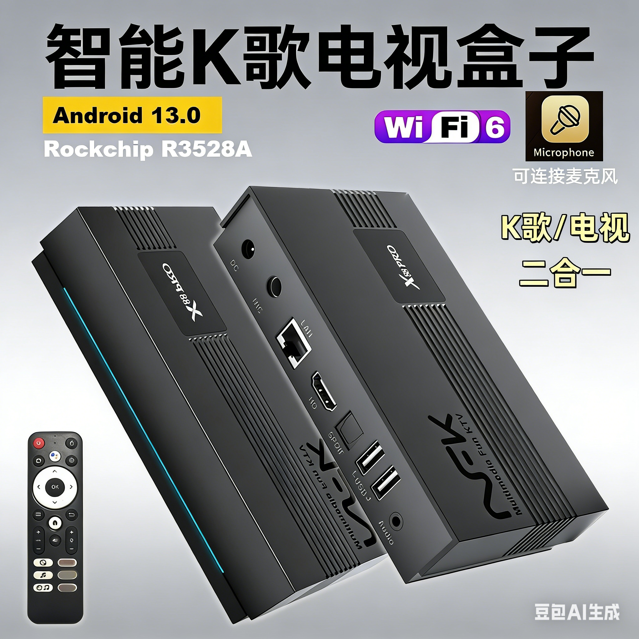 智能K歌盒子X88 PRO KTV家用机顶盒唱K电视盒子8k安卓13无线WIFI6
