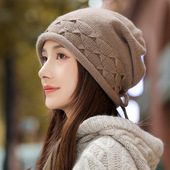 大头围宽松包头堆堆帽子女显脸小秋冬新款 护耳抽绳百搭保暖针织帽