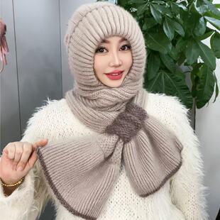 2024秋冬新款加绒风雪帽时尚百搭保暖加厚护耳围巾一体帽显脸小女