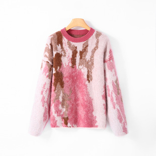 M洋同款粉黛子羊绒衫 芝麻点提花重工拉绒圆领针织毛衣女