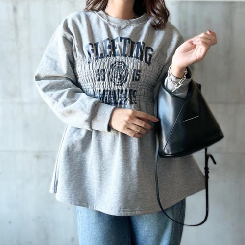 日系设计款 复古字母加绒印花圆领长袖打底上衣