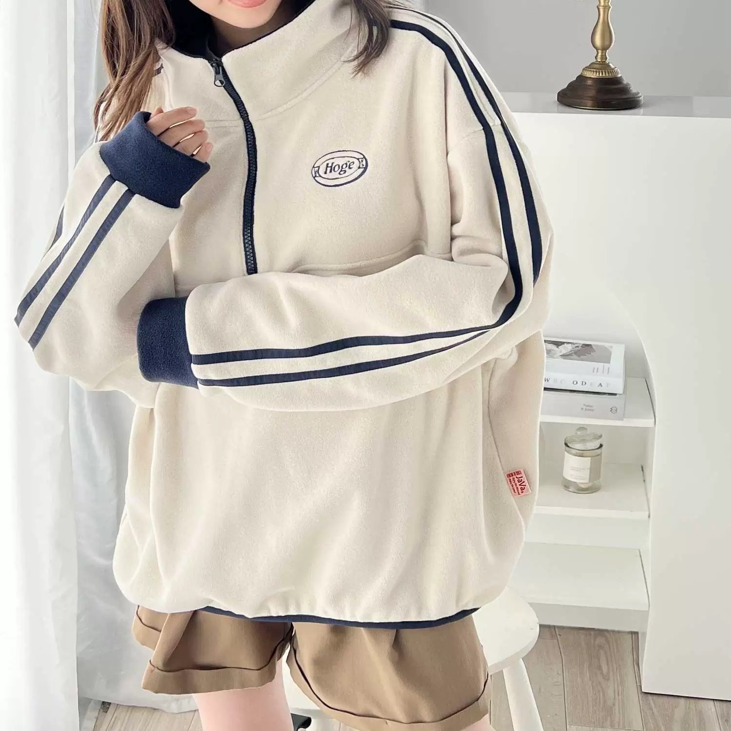 日单Ja家慵懒风 男女同款 摇粒绒 半拉链 宽松刺绣字母卫衣