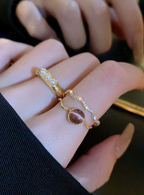 真金电镀锆石猫眼石双层开口戒指港风复古优雅气质食指戒手饰批发