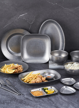 轻奢复古风碗碟套装家用户外碗盘创意不锈钢餐具美式西餐牛排盘子