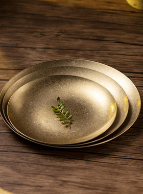 轻奢复古雪金盘子304不锈钢盘金色圆盘浅盘工业风托盘高颜值餐盘