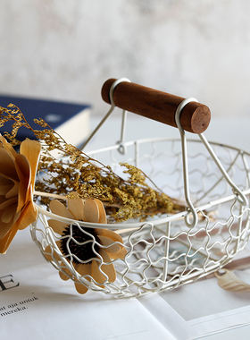 复古金属收纳小篮子北欧ins铁艺果篮网红盘子创意木柄提手小铁筐