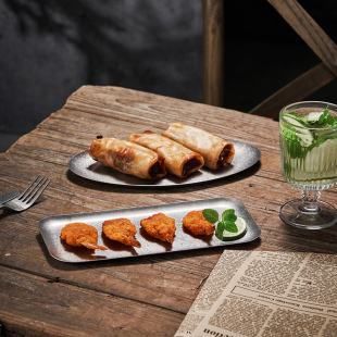 美式 做旧餐盘 复古盘子不锈钢托盘高级感工业风餐具点心浅平盘个性