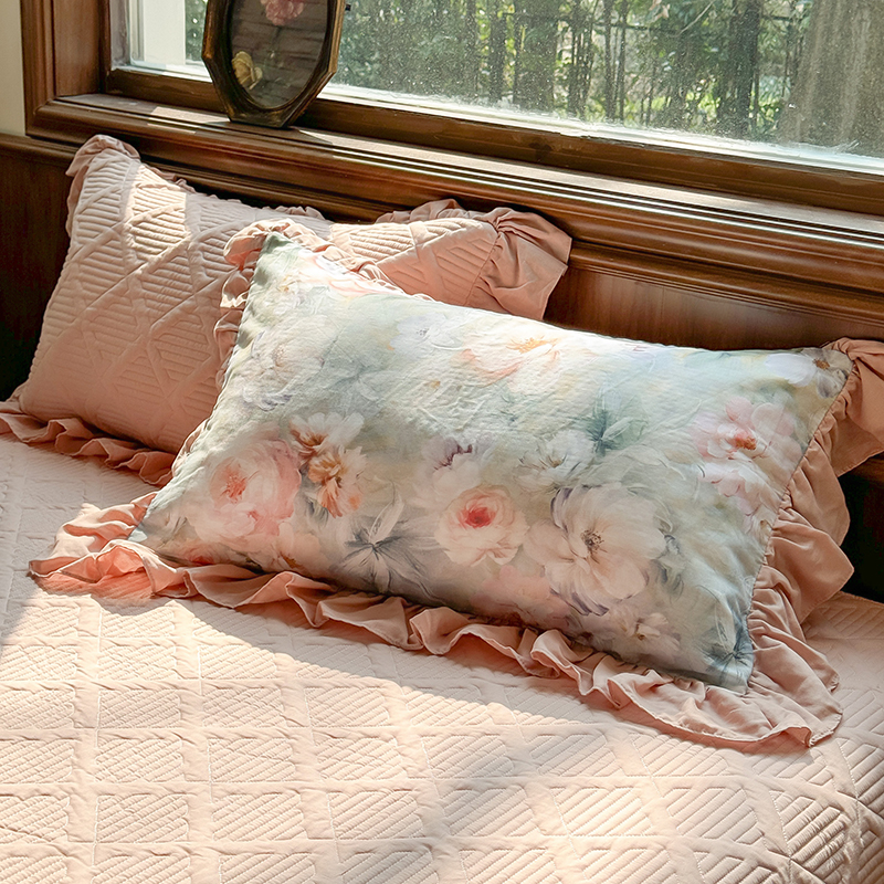 复古风100%全棉双层纱枕套纯棉荷叶边单人家用成人枕头套一对装