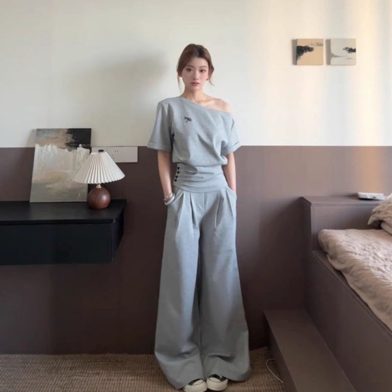 套装女2025夏季新款韩系气质露肩收腰卫衣短袖上衣高腰显瘦阔腿裤