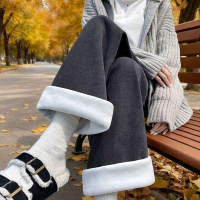 窄版阔腿裤女秋冬2025新款灰色直筒小个子休闲加绒加厚灯芯绒裤子