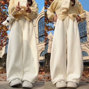 白色羊羔绒卫裤女冬胖mm大码加绒加厚保暖棉裤外穿弯刀休闲阔腿裤