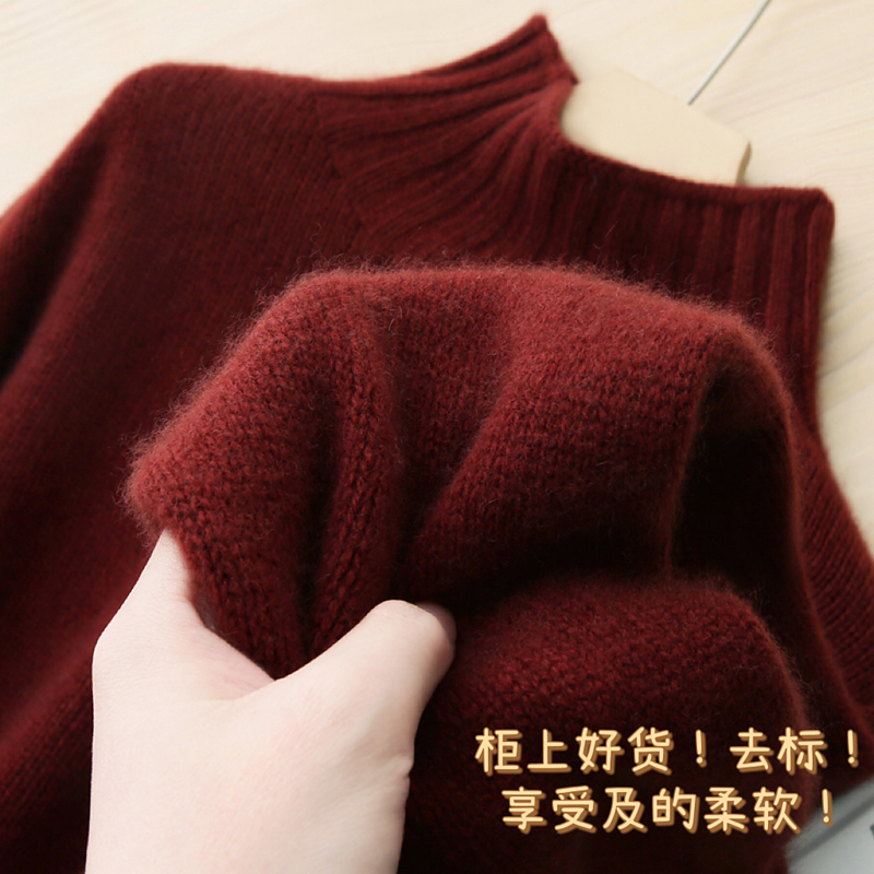 R*0w~宽松及简，一看就是贵的！高领红色100纯羊绒衫女短款小个子