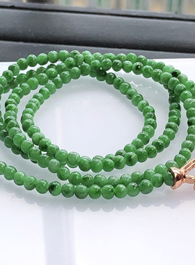 自然光实物拍/缅甸A货翡翠满绿色圆珠小米珠项链16.60g带证书老坑