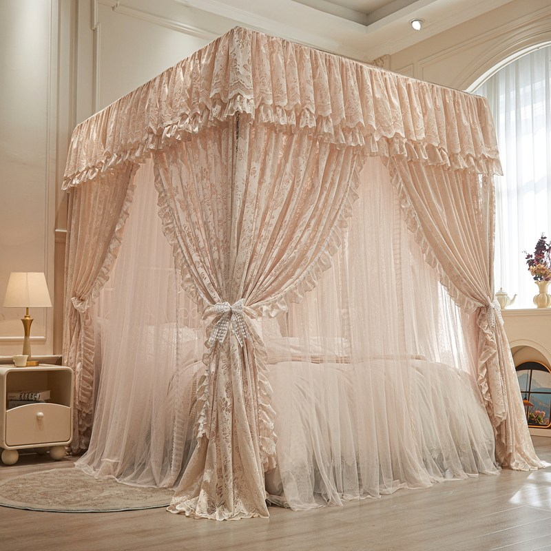 2026新款蕾丝双层纱落地宫廷蚊帐加密加厚三开门帘公主风家用卧室