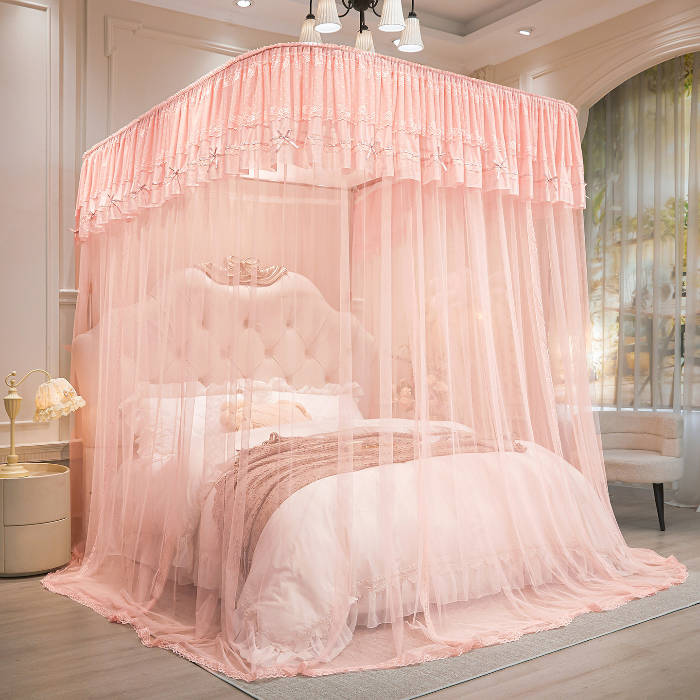 2026新款高级双层花边落地U型导轨蚊帐加密加厚升降轨道家用卧室