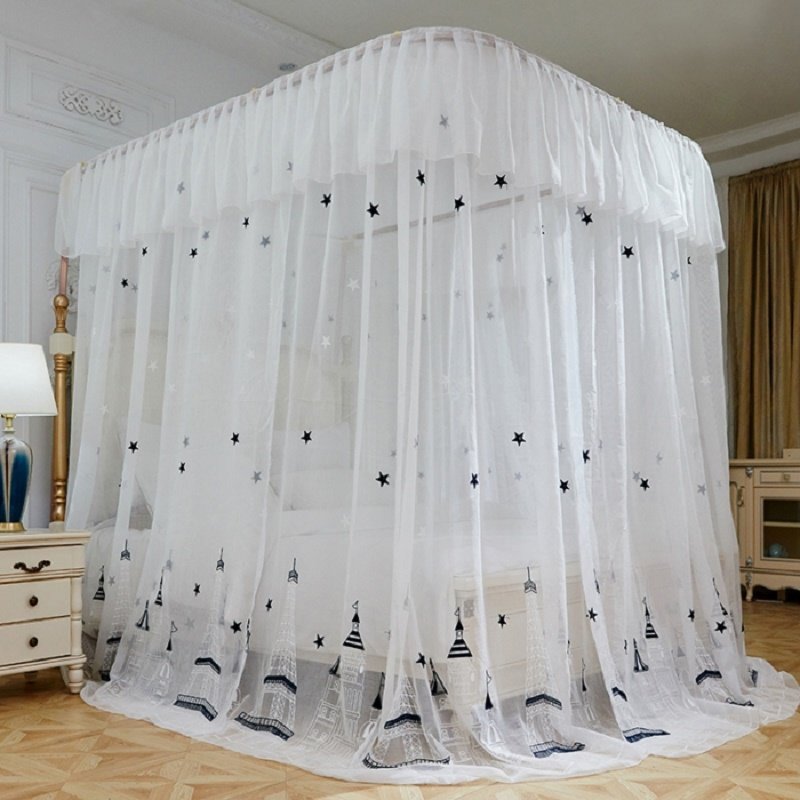 新款高级刺绣U型导轨蚊帐落地加密加厚滑轨道家用卧室三开门纹账