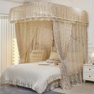 新款法式蕾丝提花U型导轨蚊帐落地加密加厚双层轨道宫廷家用卧室