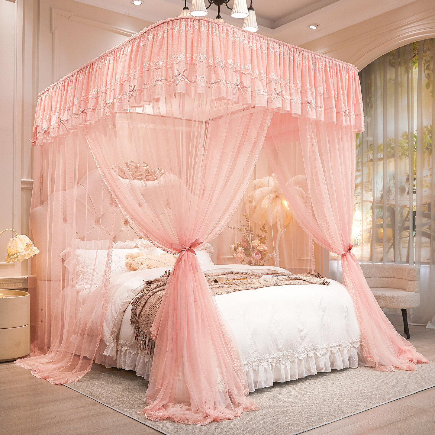 2026新款双层花边落地U型导轨蚊帐加密加厚升降轨道家用卧室高级