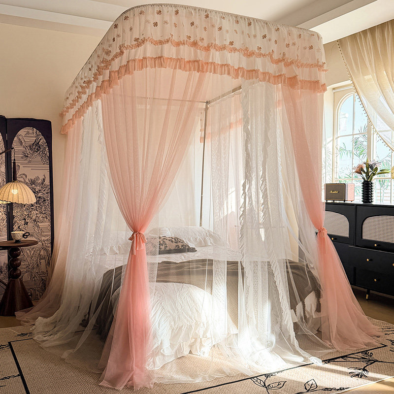 2026新款双层纱U型导轨蚊帐落地加密加厚双轨道升降支架家用卧室