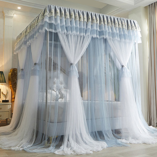 新款双层纱落地宫廷蚊帐加密加厚三开门床幔防尘布顶纹账家用卧室