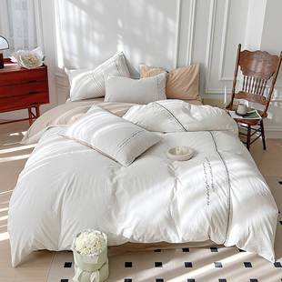 高端轻奢简约刺绣全棉四件套纯棉被套床单床品纯色北欧磨毛加厚保