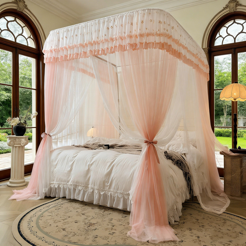 2026新款绣花边落地双层纱U型导轨蚊帐加密加厚升降轨道家用卧室