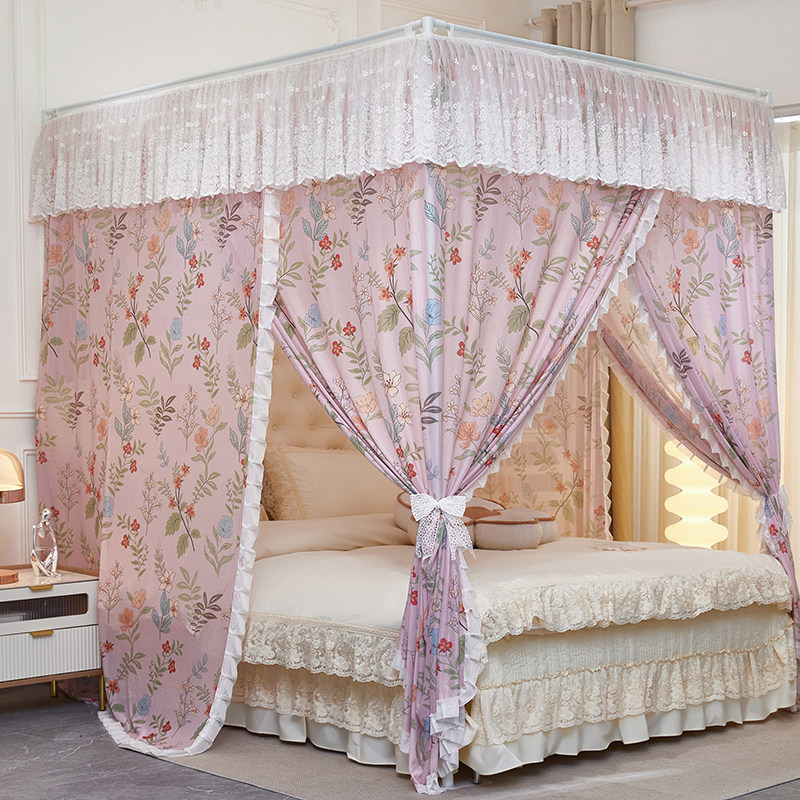 2026新款公主风蕾丝花边落地床幔宫廷蚊帐加密三开门加厚家用卧室