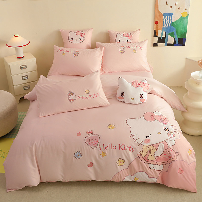 2025新款可爱卡通刺绣长绒全棉四件套纯棉被套床单女孩宿舍三件套