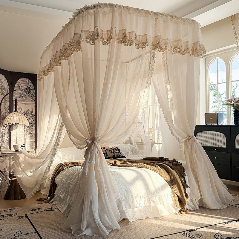 2026年新款豪华蕾丝花边U型导轨蚊帐落地加密双轨道宫廷家用卧室