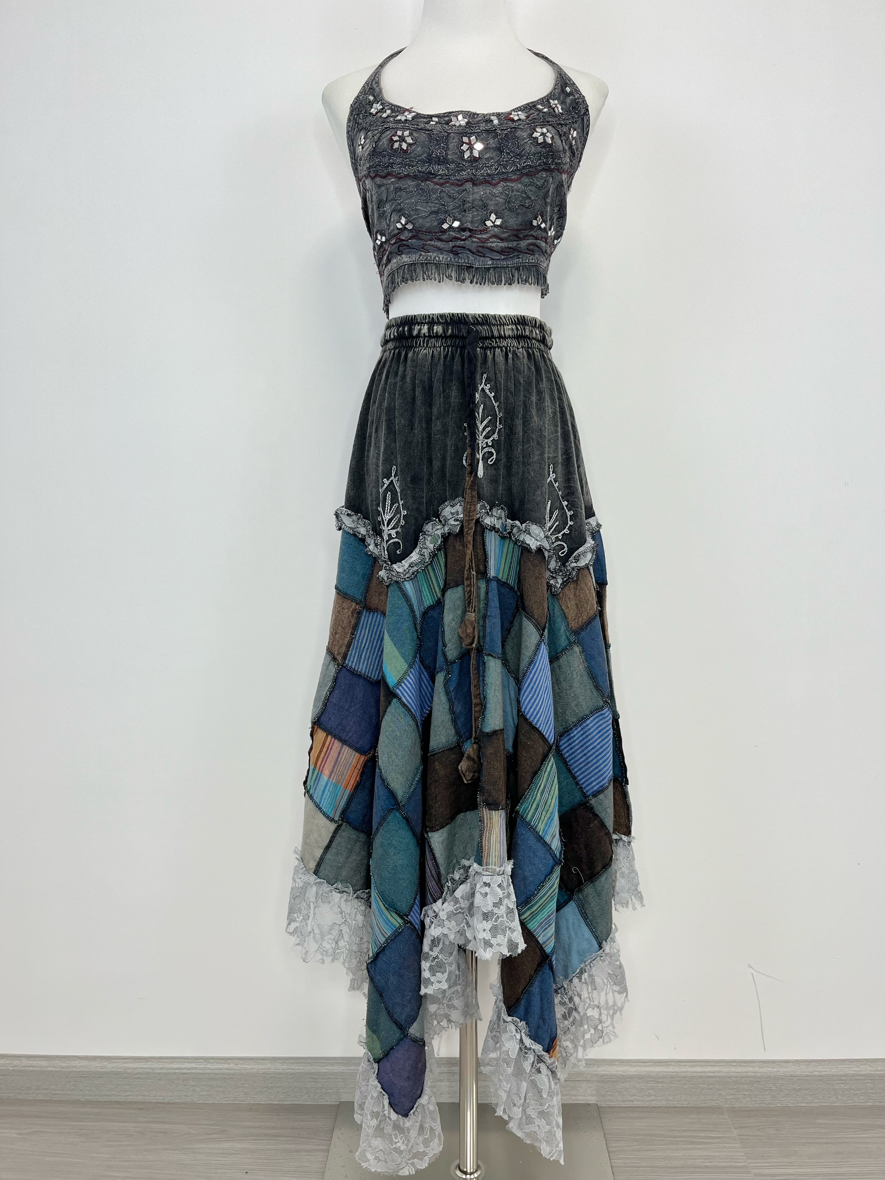 尼泊尔嬉皮士精灵风拼接蕾丝套装显瘦