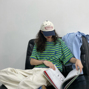 夏季 Sleepzoo tee女 韩国小众简约百搭条纹短袖 宽松休闲T恤 23SS