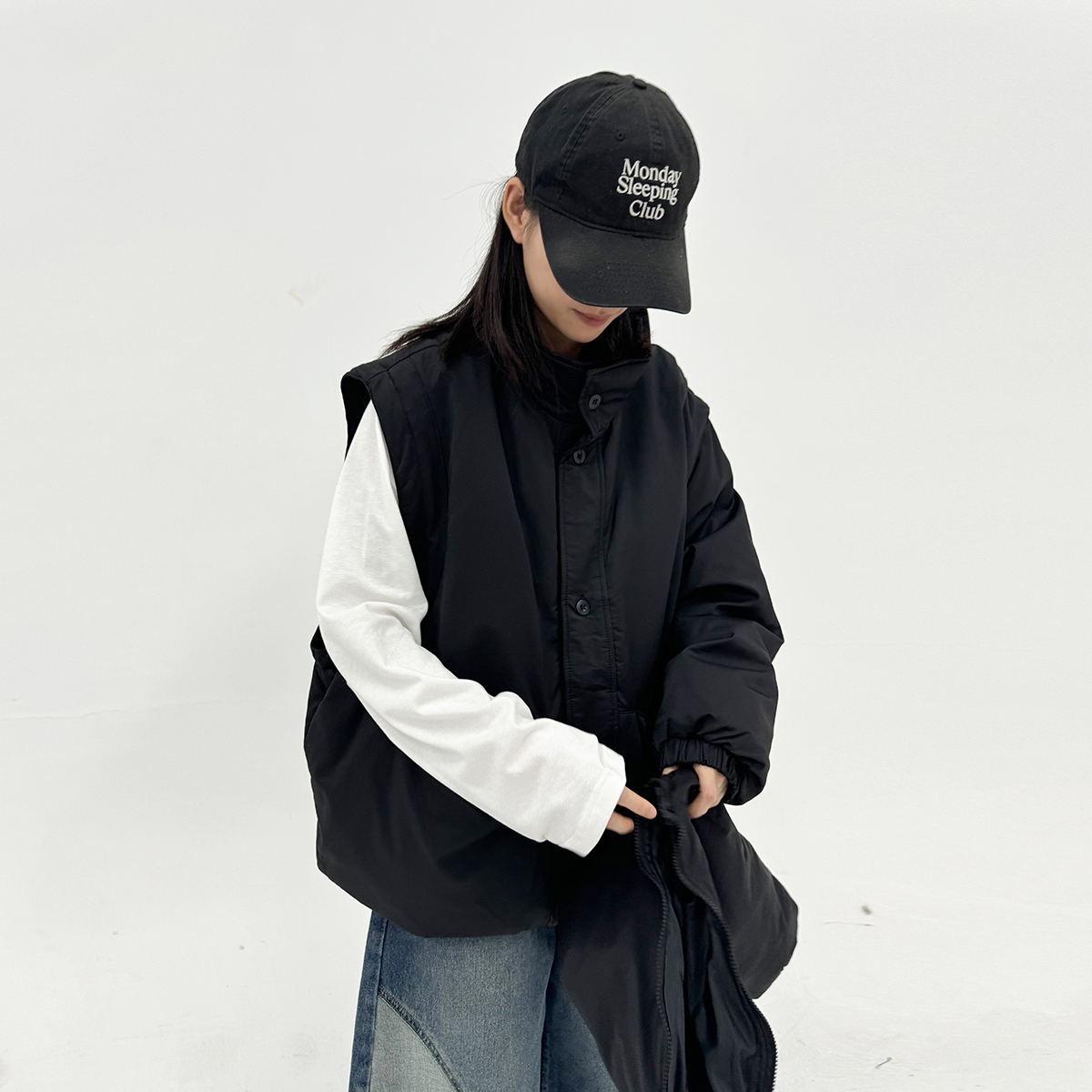 纯色两穿羽绒服外套马甲秋冬翻领