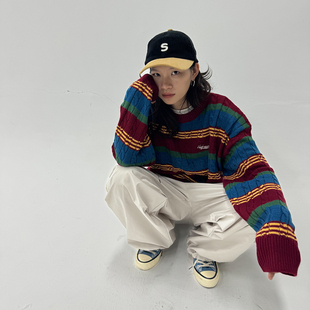 女 Sleepzoo 复古学院风撞色条纹麻花针织衫 美式 秋冬BF毛衣 24AW