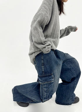 Sleepzoo 25AW 韩国秋冬复古拉毛牛仔裤女工装风大口袋中性BF长裤