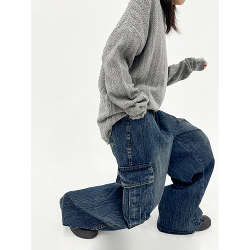 秋冬宽松中性BF牛仔工装裤长裤女